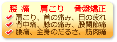 腰痛,肩こり,骨盤矯正,首の痛み,目の疲れ,背中痛,膝の痛み,股関節痛,腰痛,全身のだるさ,筋肉痛